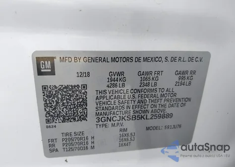 2019 Chevrolet Trax Ls из США, поврежденный, VIN 3GNCJKSB5KL259889